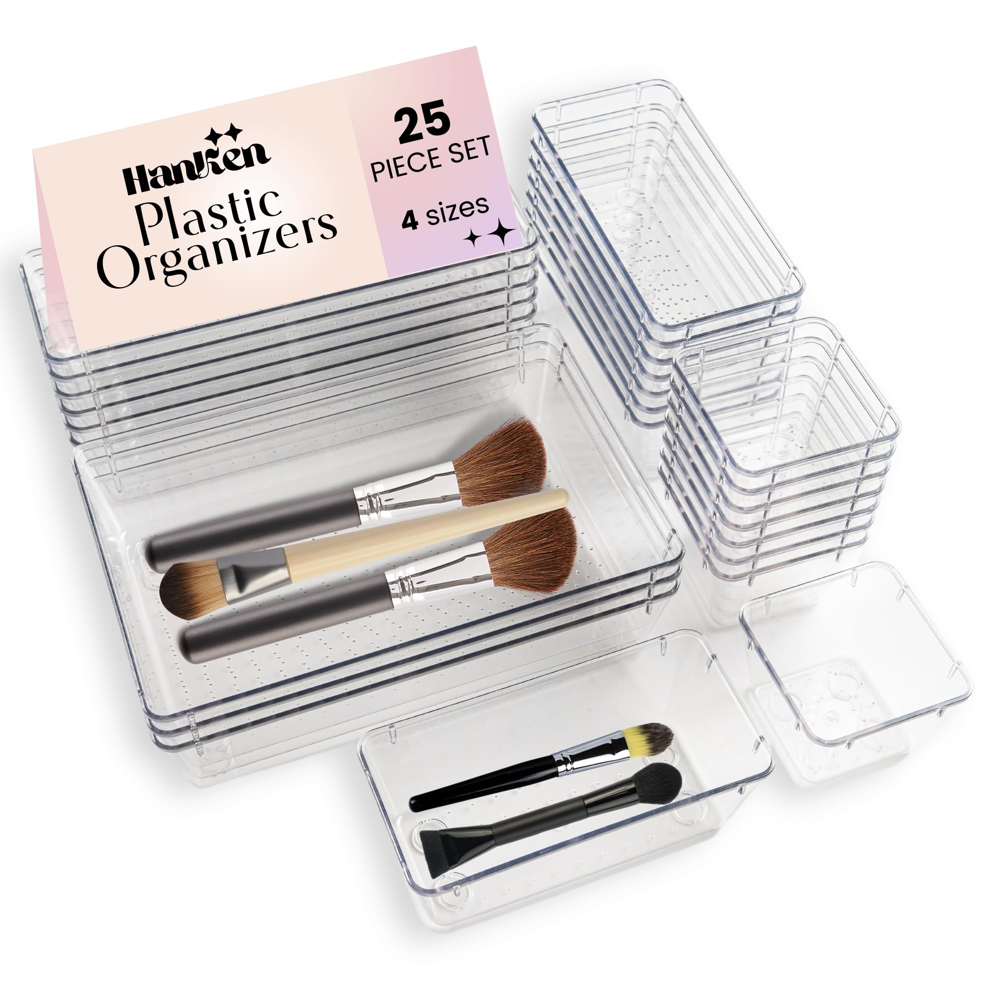 HanKen Set 25 Organizer Per Cassetti In Plastica Trasparente - 4 Misure Con Antiscivolo - Per Trucco, Ufficio E Cucina - 2