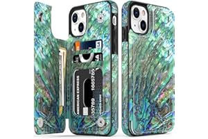 LETO for iPhone 15 Case Flip Folio Leather Wallet - Fashionable Flower Designs - Card Slots,Kickstand - Protective Phone Case for Women and Girls - 6.1" - Green Oyster Shell