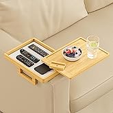 Wealone Bamboo Couch Arm Tray for Wide Couch, Sofa Arm Clip Table with Storage Box, Couch Armrest Tray with 360°Rotating Phon