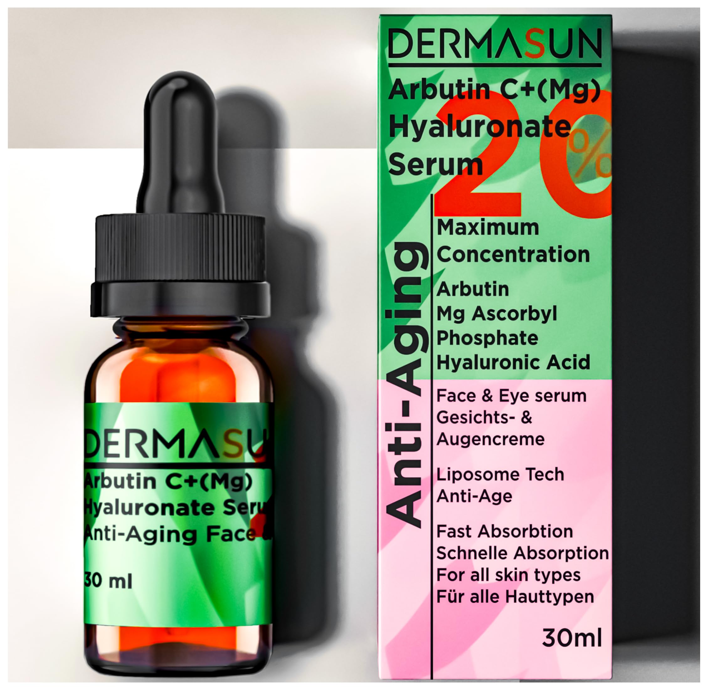 DERMASUN High Dose 20% Vitamin C Anti-Ageing Serum: Moisturising & Skin Brightening Serum with Liposomal Vitamin C, Hyaluronic Acid & Arbutin for a Radiant Complexion