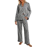ANRABESS Women's Gingham Pajama Set 2 Piece Striped Loungewear | Long Sleeve Button Shirts &amp; Wide Leg Pants with Pockets, Comfy Plaid Ruffle Hem Sleepwear, 2 Piece Lounge Outfits Pj Set