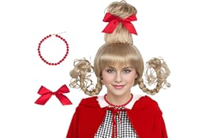 M MISS U HAIR Miss U Hair Adult Women Christmas Wig Long Blonde Braid Wig with Red Beads Necklace Bow