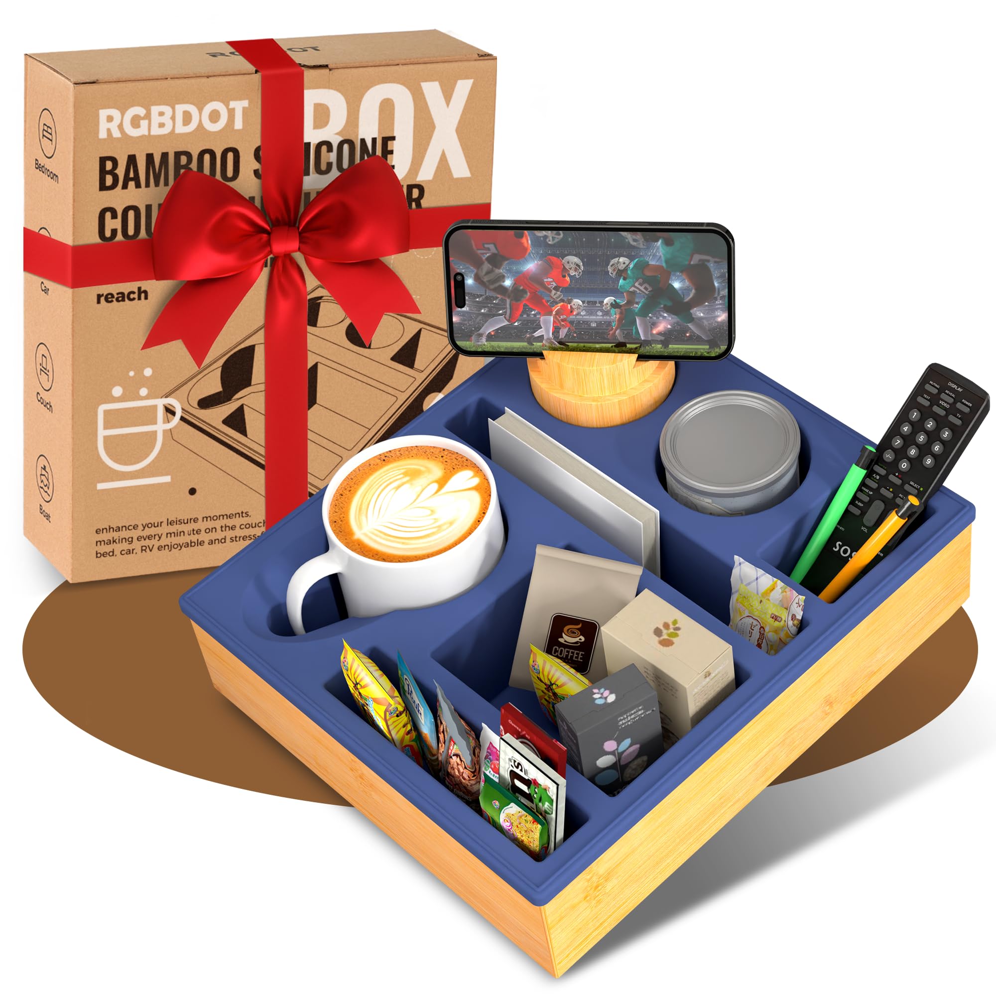 Coffee Bar Snack Box Silicone Tray With 360 Degree Rotatable Mobile Phone Holder Side Table for Sofa, Cinema Decoration, Couch Organiser Bar With Drink Holder — image 1