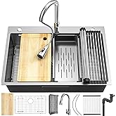 YITAHOME Drop In Kitchen Sink Workstation with Pull-down Faucet, 304 Stainless Steel Single Bowl Top Mount Sink w/Ledge & Acc
