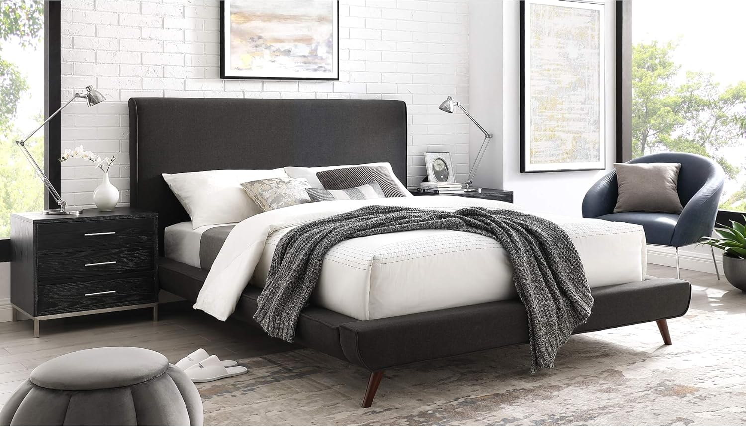 Amazon Com Amoret Charcoal Linen Platform Bed Queen Size Kitchen Dining