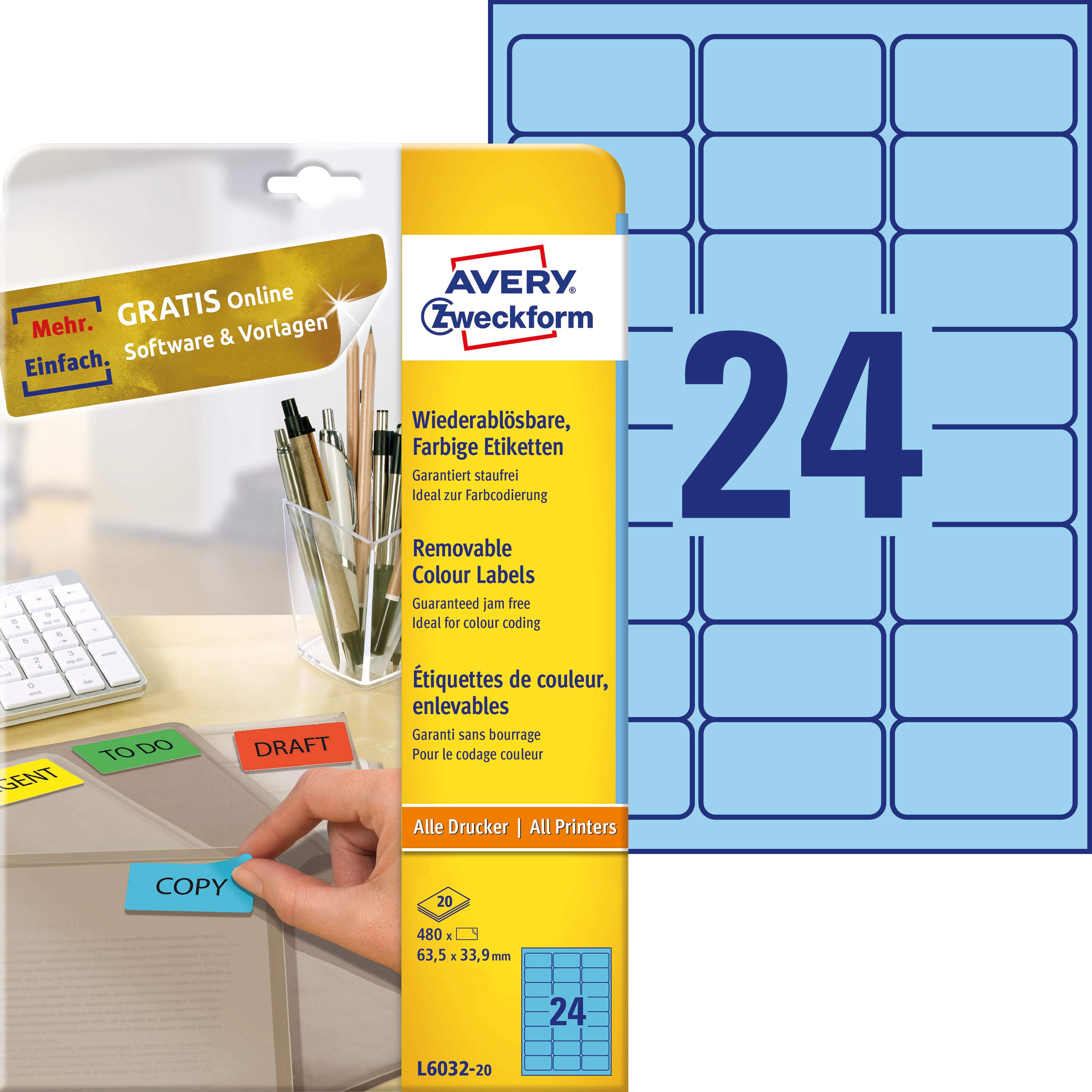 Avery L6032-20 Printable Labels with Removable Adhesive (Label Size 63.5 x 33.9 mm, 20 A4 Sheets per Pack) - Blue โ image 1