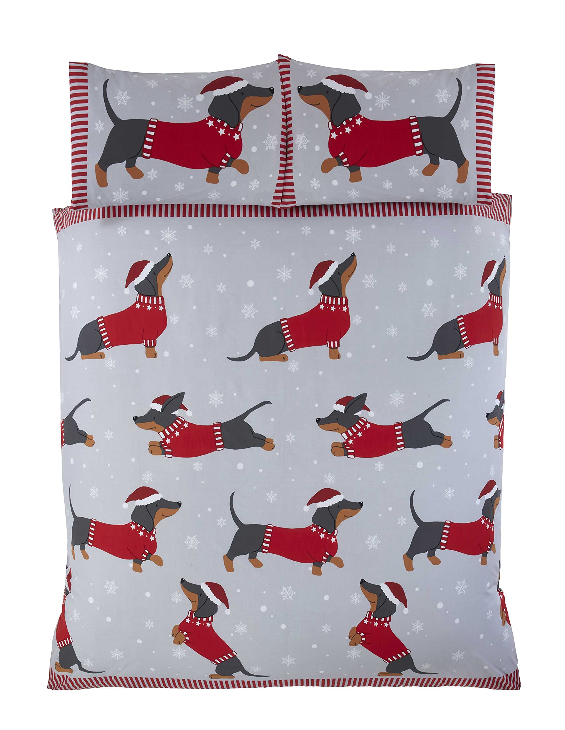 Rapport Home Dachshund Through The Snow Single Duvet Cover Set | Festive Red Christmas Bedding with Charming Sausage Dog Print & Pillowcase | 2 Piece Set, Red