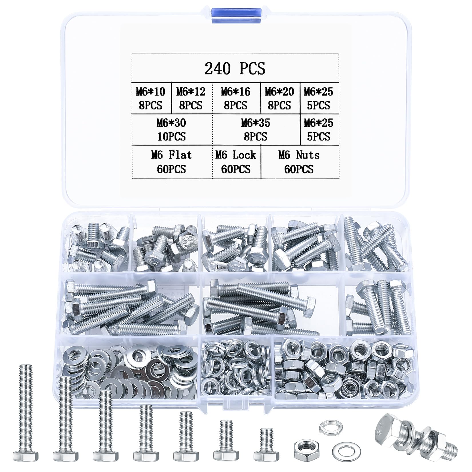 240 Pcs M6 Hex Bolts and Nuts Set, M6 Nuts and Bolts Set with Washers Set, Fully Threaded Machine Bolt and Hex Nut and Lock and Flat Washers Assortment Kit