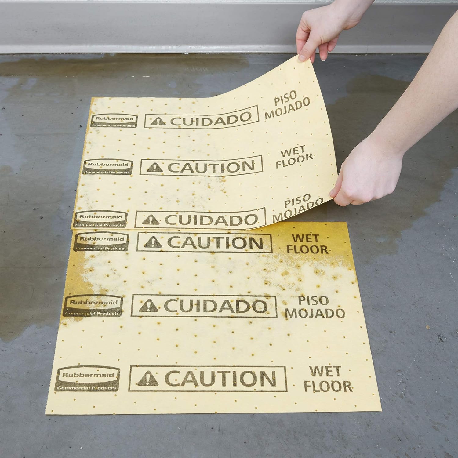 Rubbermaid Commercial Over-the-Spill Pad Station Tablet, Highly Absorbent, Slip-Resistant, "Caution Wet Floor", Yellow, 16.5" x 14" (FG425400YEL): Science Lab Spill Containment Supplies: Industrial & Scientific