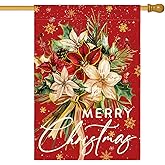 AVOIN colorlife Floral Merry Christmas House Flag 28x40 Inch Double Sided Outside, Christmas Flowers Winter Holiday Yard Outdoor Decorative Flag
