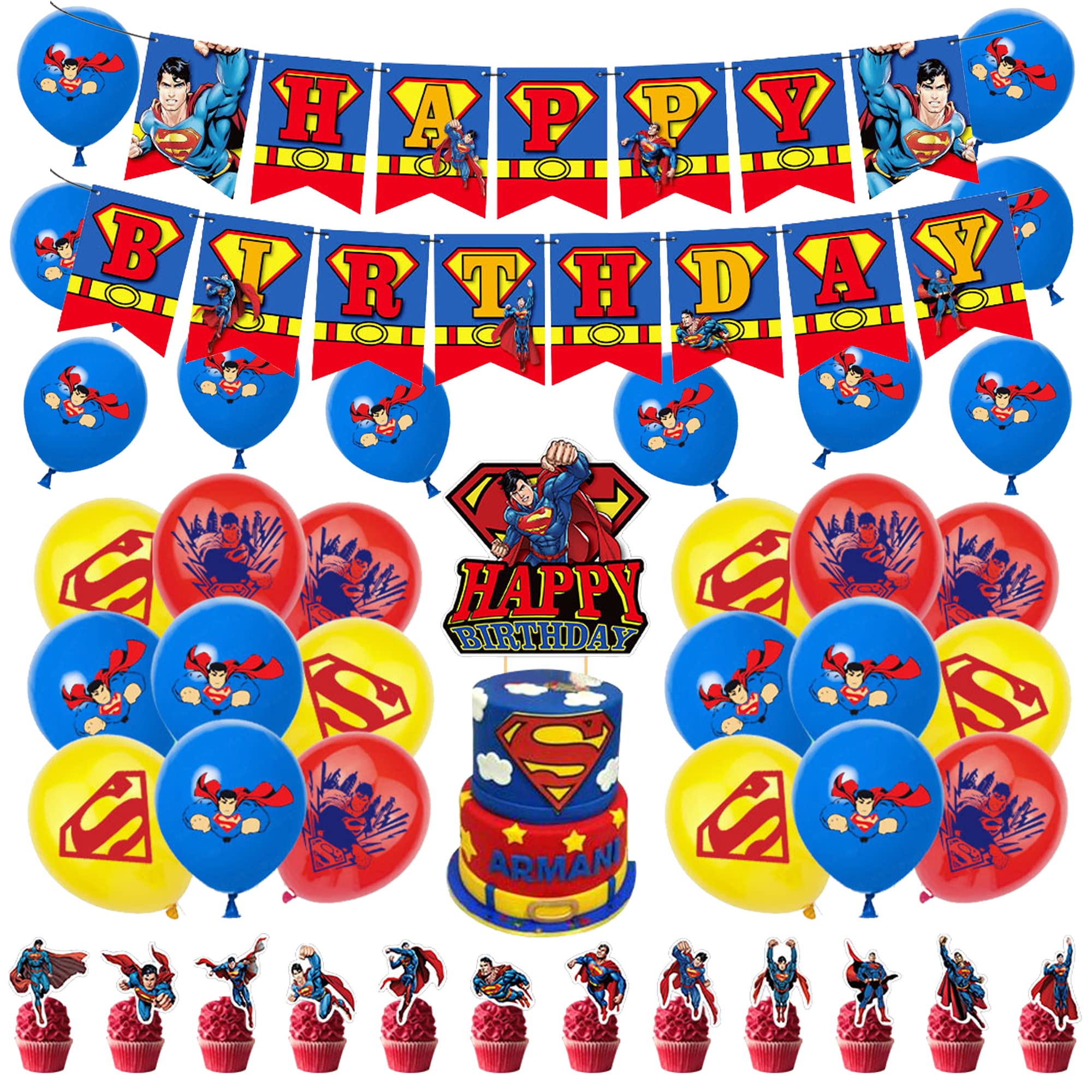 Superman Party Supplies - Avengers Cake Topper, Superhero Balloons, Marvel Birthday Decorations, Banner