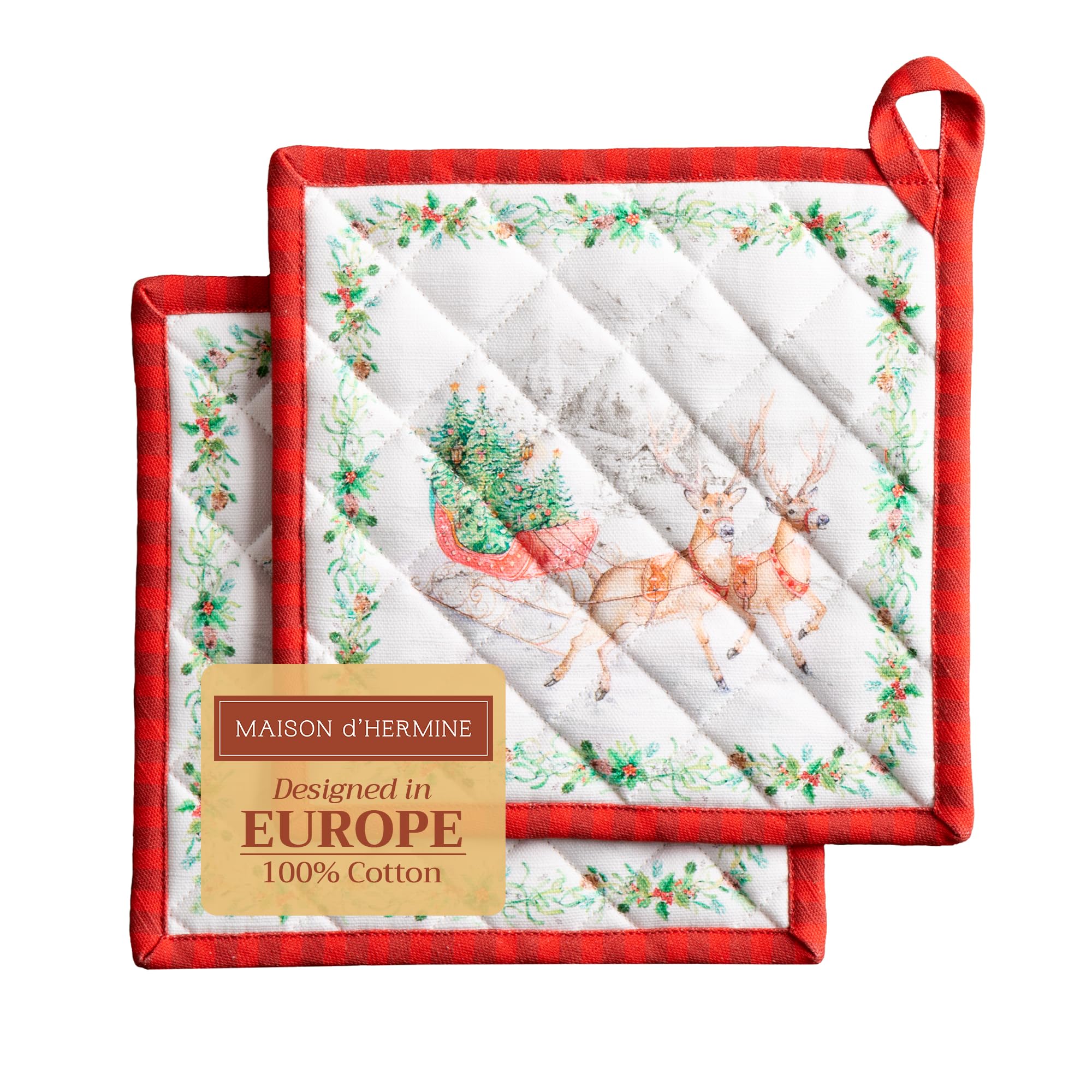 Maison d' Hermine Pot Holders Set 100% Cotton Heat Resistant Potholders 20 cm x 20 cm Hot Pads with Loop for Christmas Decorations BBQ Cooking Handling Hot Pans (Pack of 2, Christmas Tradition)