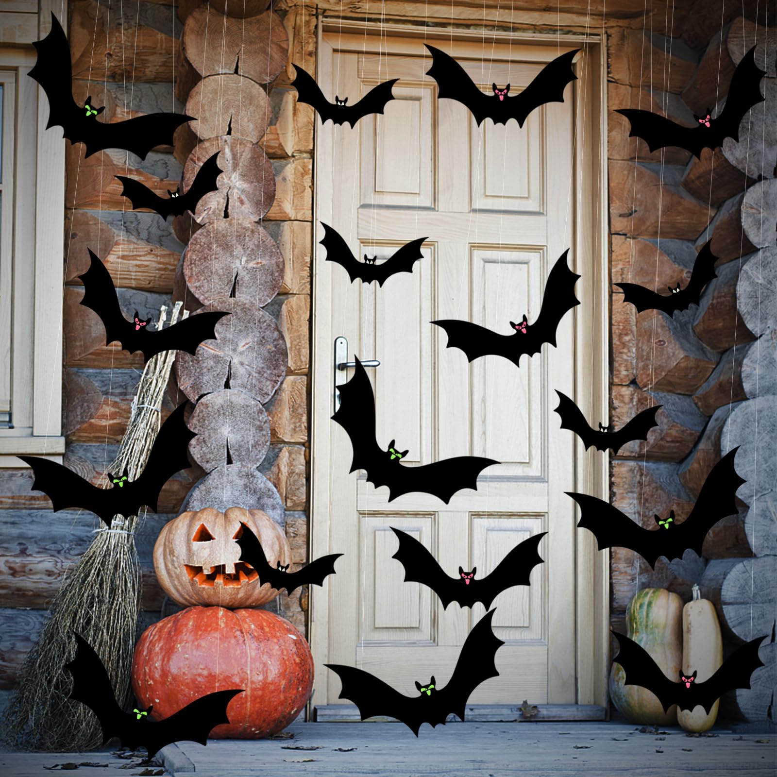 CANIPHA 18 Pcs Hanging Bats Halloween Decoration Outside, Large Flying Plastic Halloween Bats Outdoor Decor, 3 Different Sizes with Cute Eye Stickers for Hanging in The Tree, Porch,Black