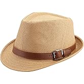 FALETO Straw Fedora Hat Classic Panama Trilby Hats Short Brim Sun Hat for Men Women