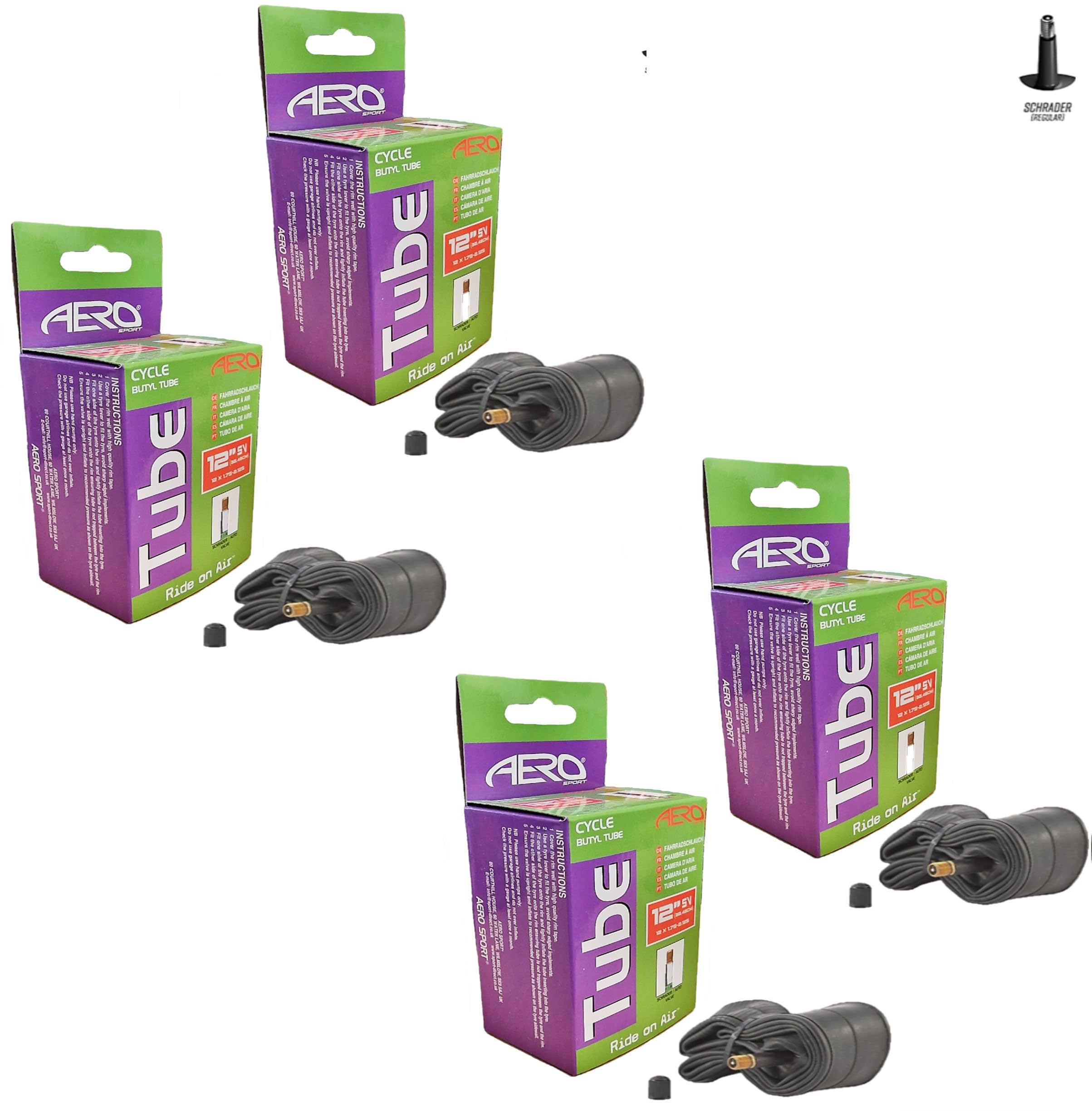 4 X Aero Sport E-Bike/Bike Butyl Rubber Inner Tubes to fit 12" x 1.75-2.125 with Schrader Valves