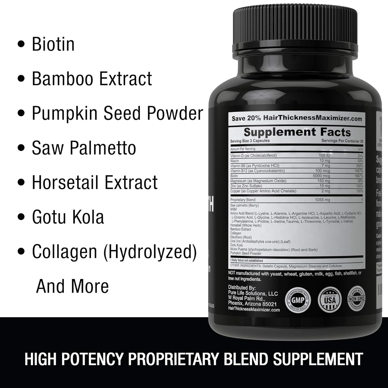 Natural Hair Growth Vitamins by Hair Thickness Maximizer - Hair Regrowth Vitamin Supplement with Biotin 5000 mcg, Collagen, Saw Palmetto. Stop Hair Loss, get Thicker Hair for Men, Women. Made in USA: Health & Personal Care
