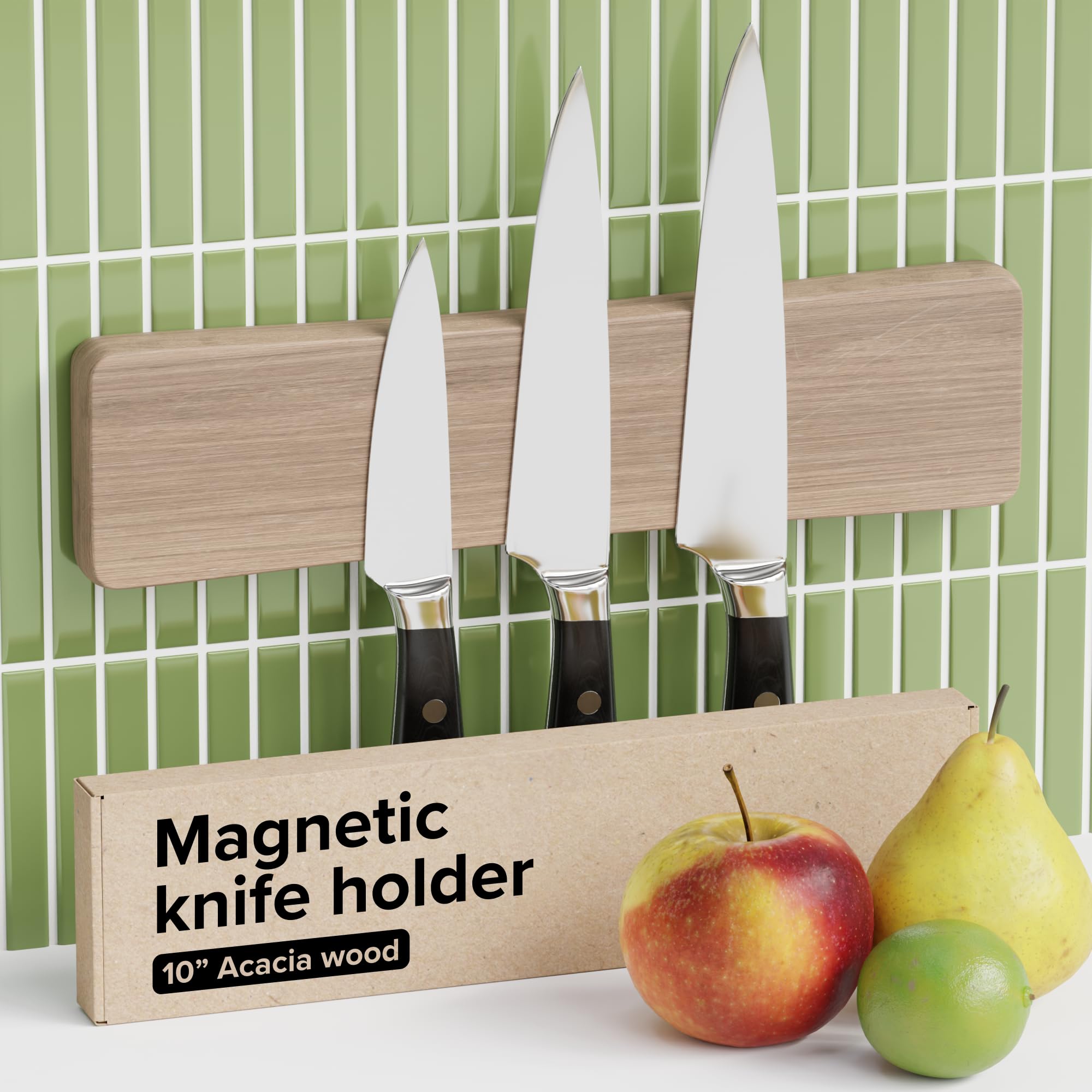 wooden knife magnetic strip 10" acacia wood whitewashed oak – magnetic knife holder for wall no screws – kitchen utensil holder, knife bar, knife rack, kitchen organizer and tool holder