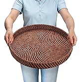 16.9 inch Rattan Tray, Round Wicker Tray with Cut-Out Handles, Woven Serving Tray for Dining/Coffee Table