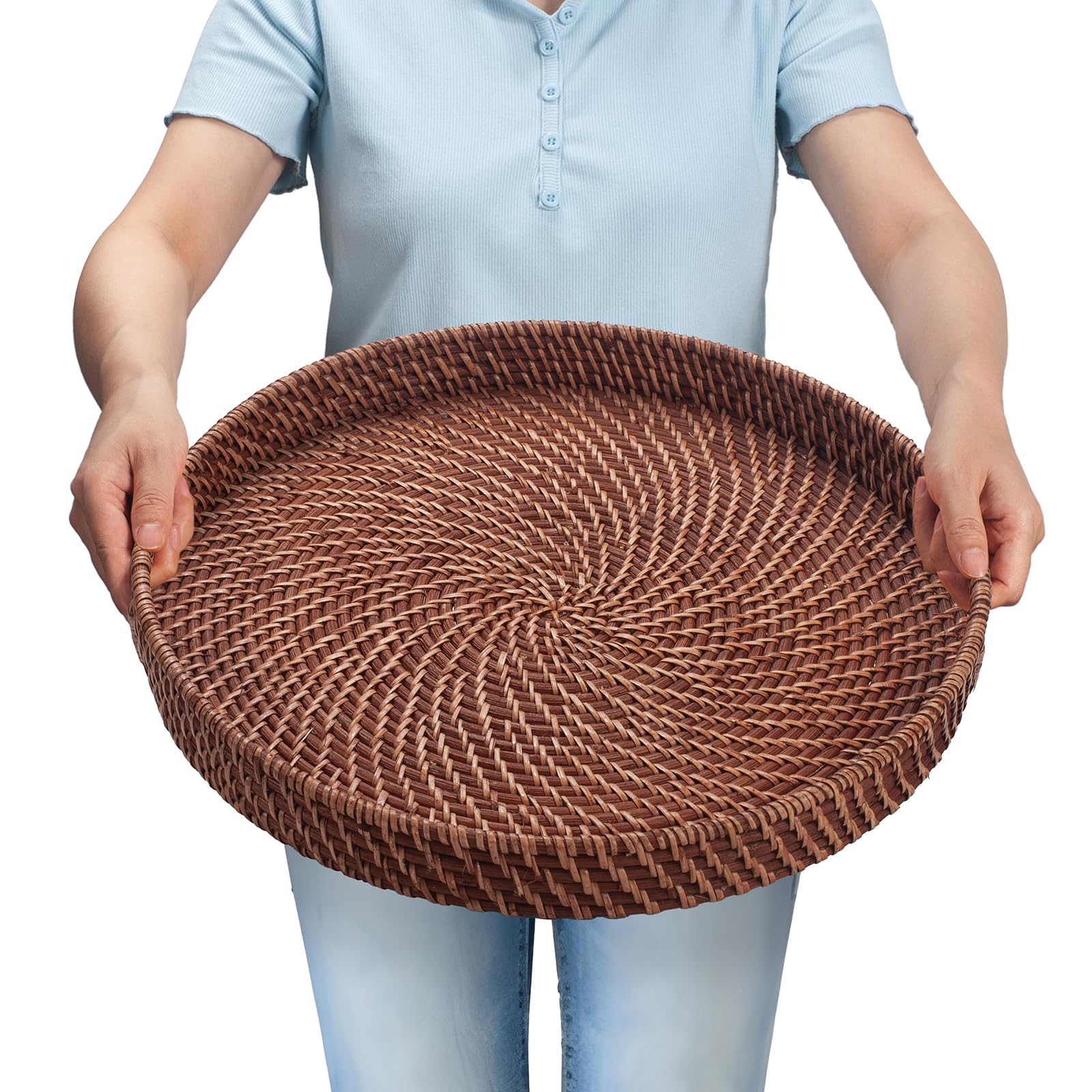 Photo 1 of 16.9 inch Rattan Tray, Round Wicker Tray with Cut-Out Handles, Woven Serving Tray for Dining/Coffee Table