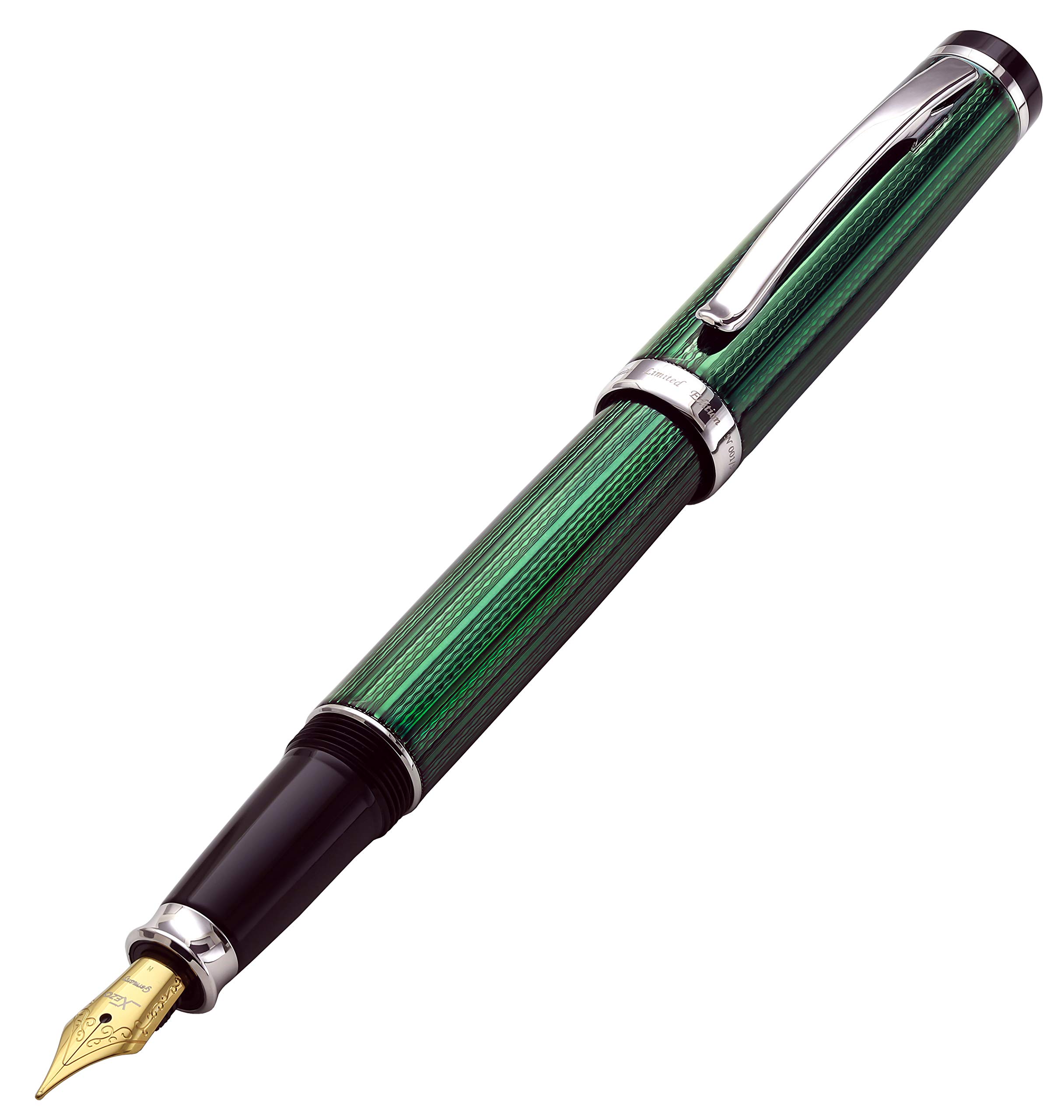 Xezo Incognito Fountain Pen, Medium Nib. Forest Green Layered Lacquer with Pure Platinum Plating. Handcrafted and Guilloche Engraved. Limited Edition, Serialized