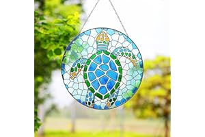 WOHAHA Sea Turtle Stained Glass Window Hanging Acrylic Panels Round Windows Hanger Kitchen Bedroom Garden Wall Art Decor Gifts for Women Mom Grandma Teacher