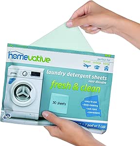 Homevative Laundry Detergent Sheets, Easy dissolve, 30 sheets, Fresh &amp; Clean scent, Eco-friendly package, Great for travel, college, laundromat and at home, Compatible with HE machines