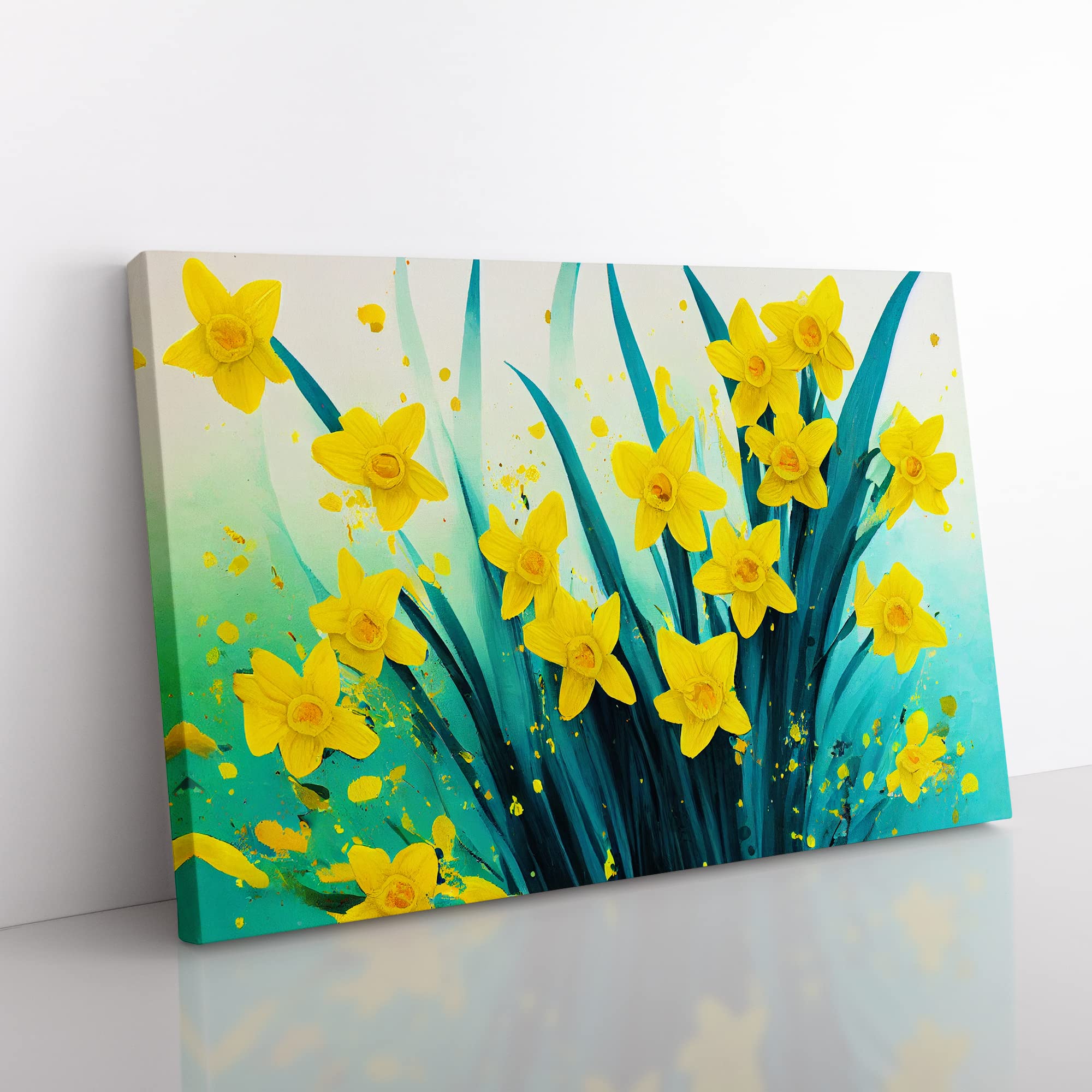 Daffodil Flower Splash Vol.4 Abstract Canvas Wall Art Print Ready to Hang, Framed Picture for Living Room Bedroom Home Office Décor, 50x35 cm (20x14 Inch)