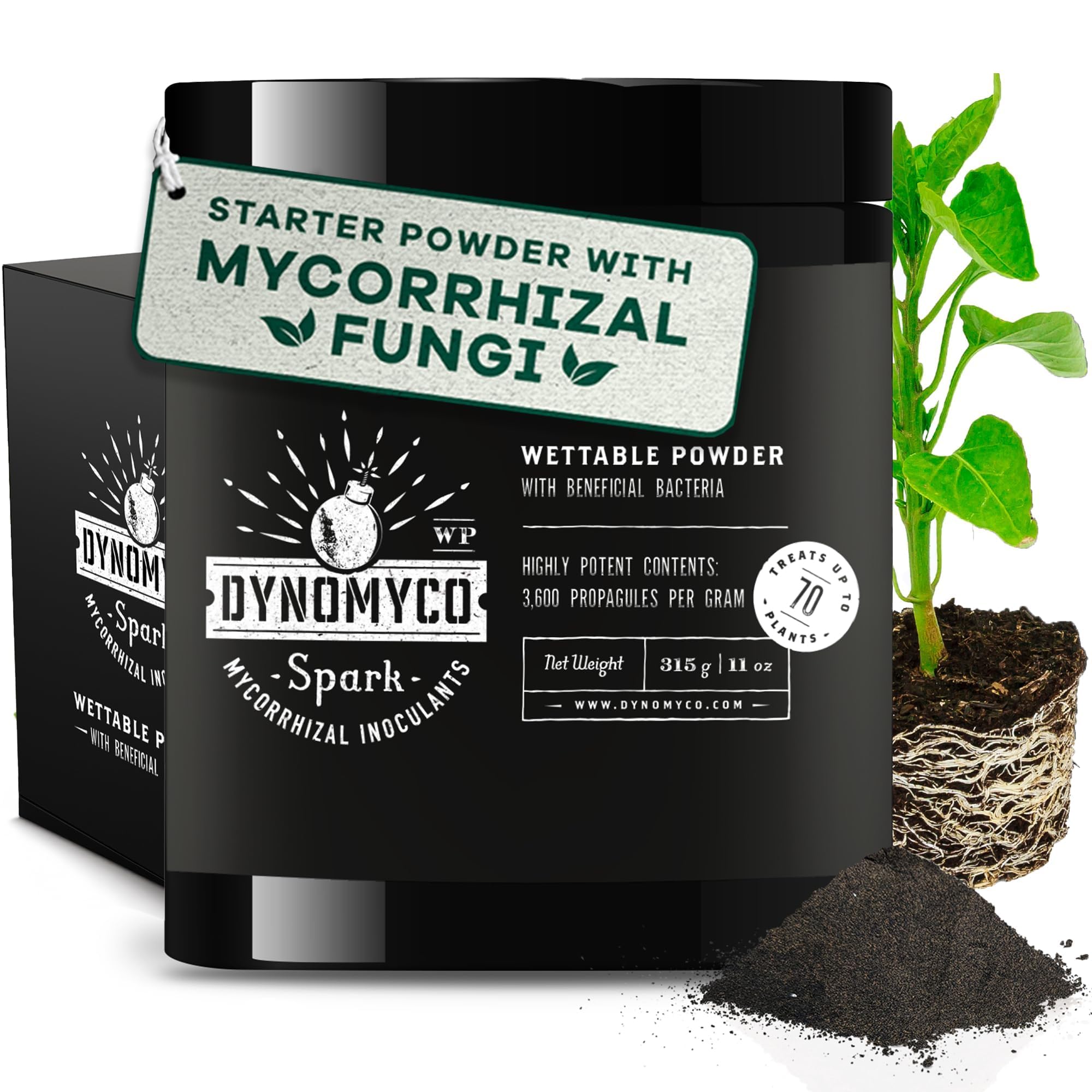 DYNOMYCO Spark WP Mycorrhizal Fungi, 11oz Wettable Powder – 3-In-1 Root Enhancer Amplifies Nutrient Uptake & Yield –Treats 70 Plants, Indoor/Outdoor Bio-Stimulant – Dissolves Fast in Seed Starter Soil
