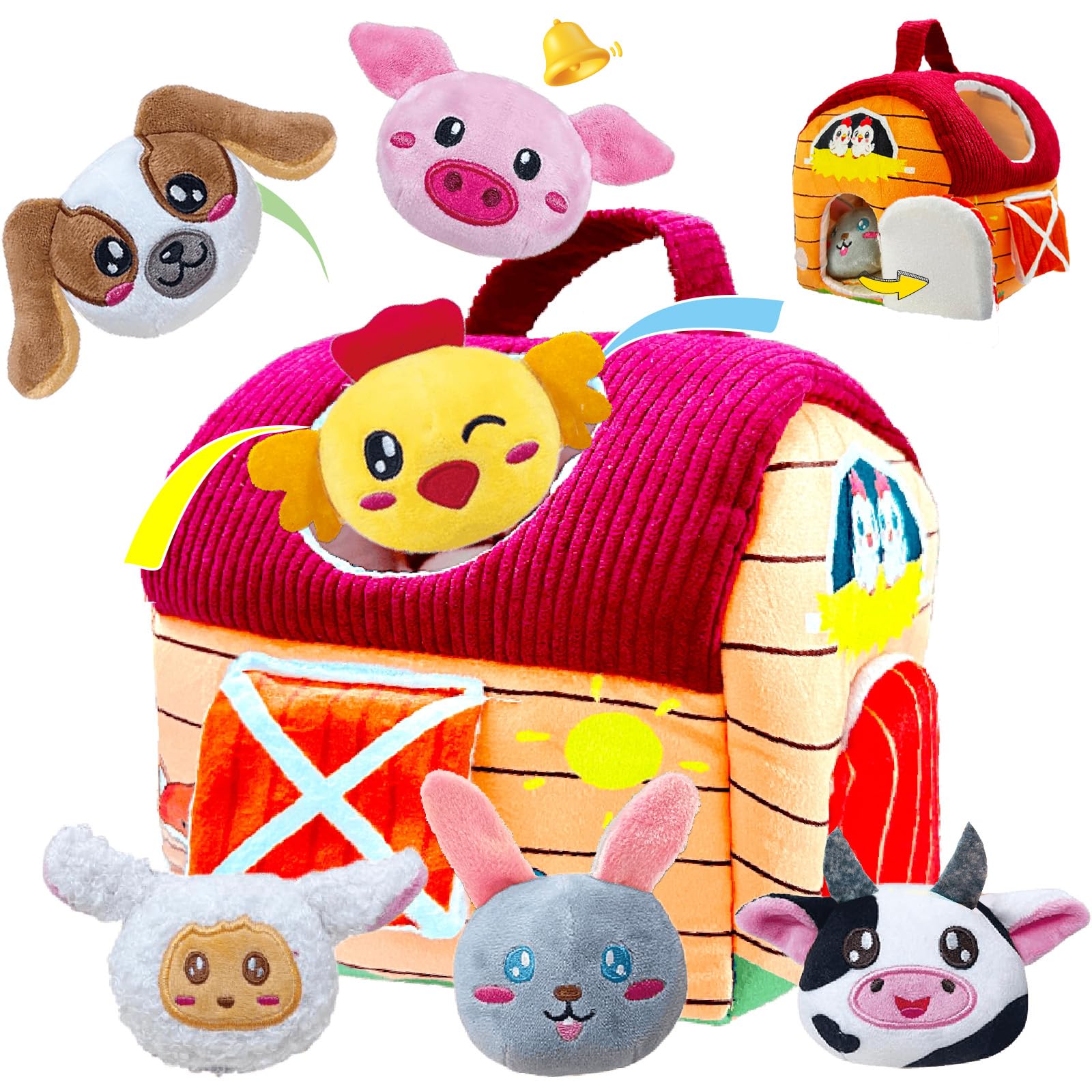 Afufu Newborn Sensory Toys for Babies 6-12 Months, Farm Barnyard Animals Toys with Rattle Crinkle Paper Mirror, Busy Montessori Toys Fine Motor Skills, Tummy Time Soft Play Set Boys Girls Gifts