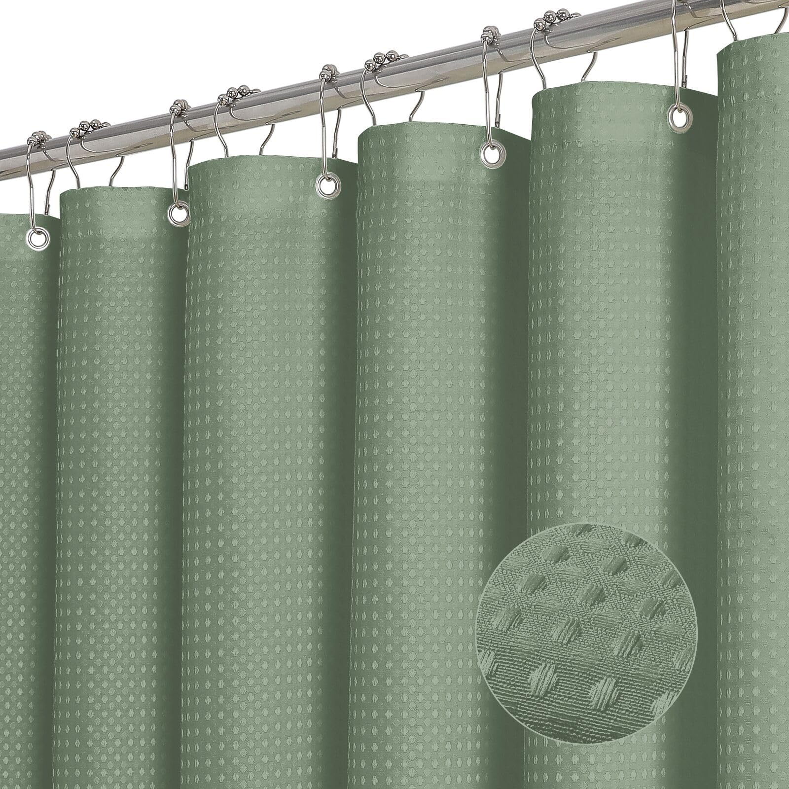 ROLIZOE Green Shower Curtain - 256GSM Luxury Weighted Waffle Textured Heavy Duty Thick Fabric Shower Curtains with Stainless Steel Hooks for Bathroom, Superior Water Resistant, 183W x 183H, Green