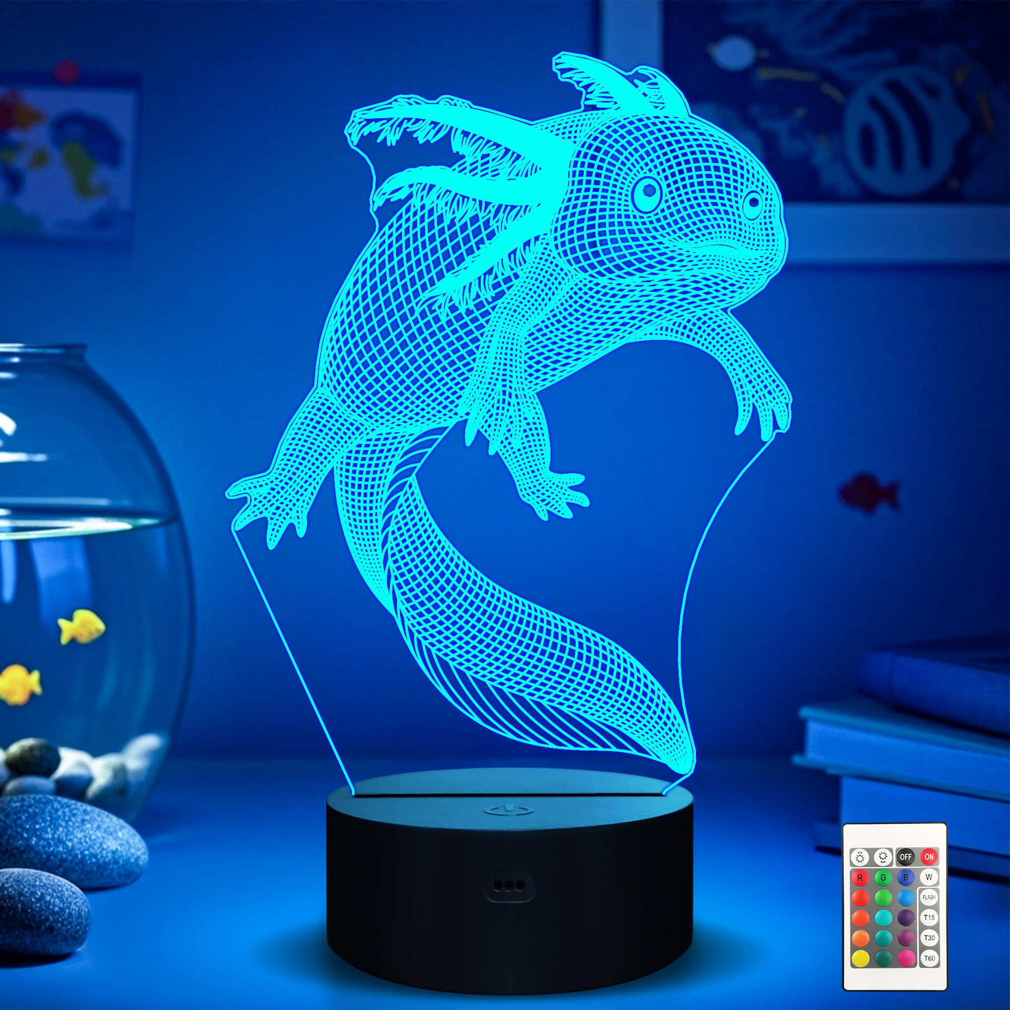 Ammonite Axolotl Night Light, Mexican Salamander Fish 3D Illusion lamp for Kids, 16 Colors Changing with Remote, Kids Bedroom Decor as Xmas Holiday Birthday Gifts for Boys Girls
