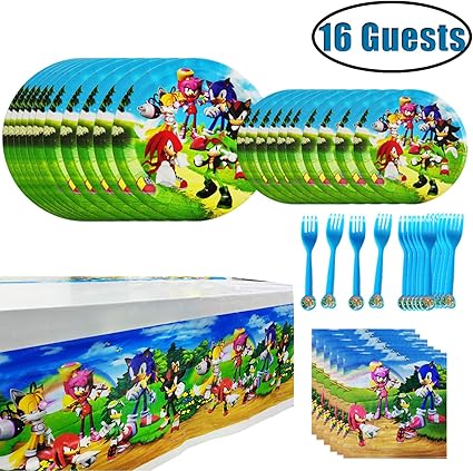 Amazon.com: 69 suministros para fiestas de Sonic the Hedgehog, juego de postres para fiestas de cumpleaños, 32 platos de papel de fiesta de 9 + 7 pulgadas, 16 tenedores sónicos, 20 servilletas