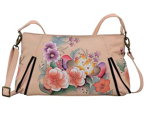 Anna by Anuschka Women's Genuine Leather Wide Cross Body Satchel | Hand Painted Original Artwork | Zip-Top Organizer |Vintage Garden - Amazon deal for $142.34