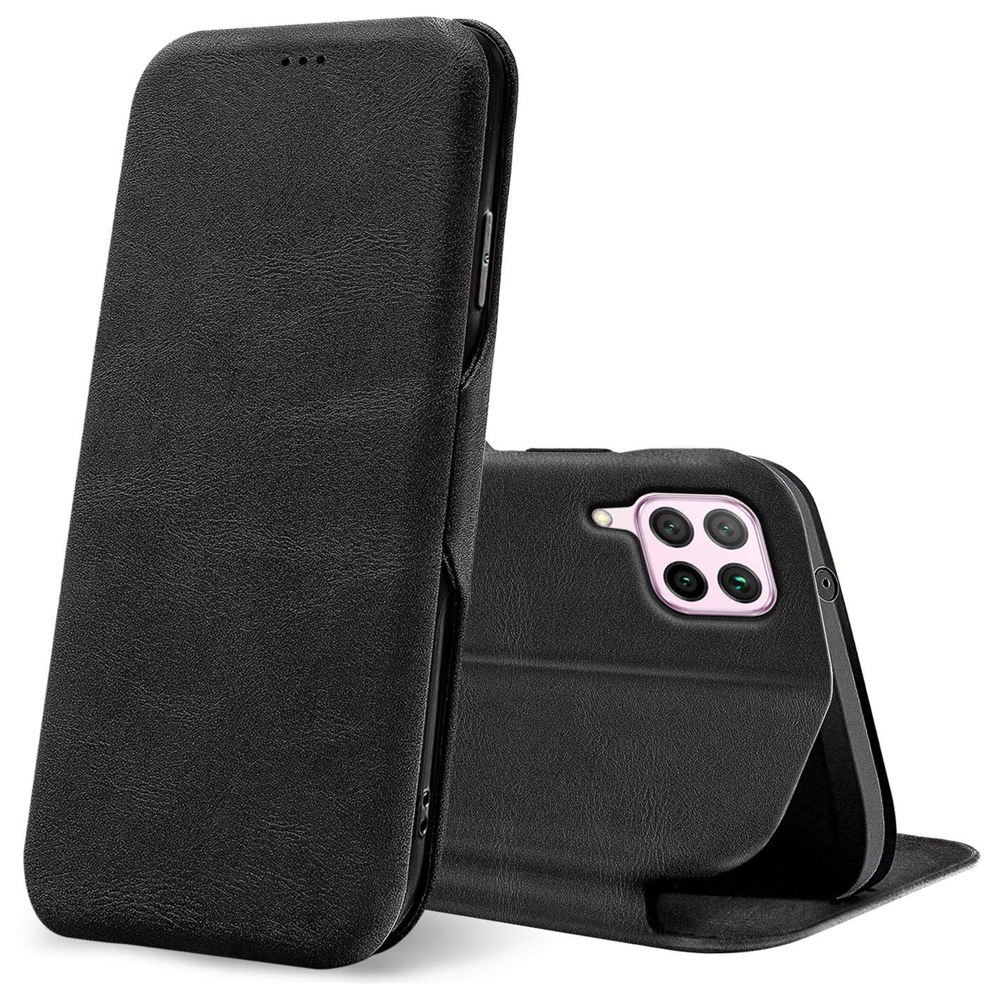 Verco Book Style for Huawei P40 Lite Case, Premium Magnetic Flip Cover for Huawei P40 Lite Wallet Case with Card Slot, Schwarz Black