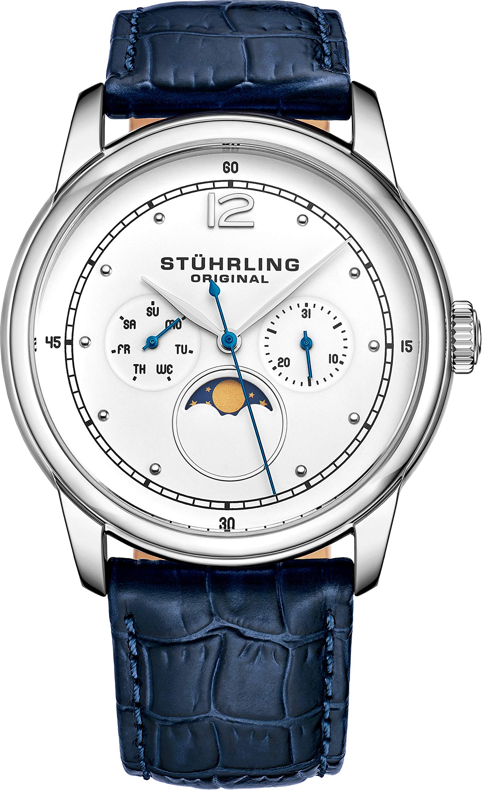 Stuhrling Original Mens MoonPhase Dress Watch - Stainless Steel Case and Leather Band - Analog Dial with Day of The Week and Date Celestia Mens Watches Collection (White)