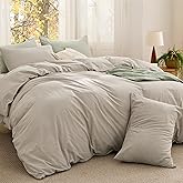Bedsure Comforter Set Queen Size - Cotton Fabric with Microfiber Inner Fill, Linen Color Soft Bed Set for All Seasons, 3 Pieces, 1 Comforter (90" x 90") and 2 Pillow Cases (20" x 26")