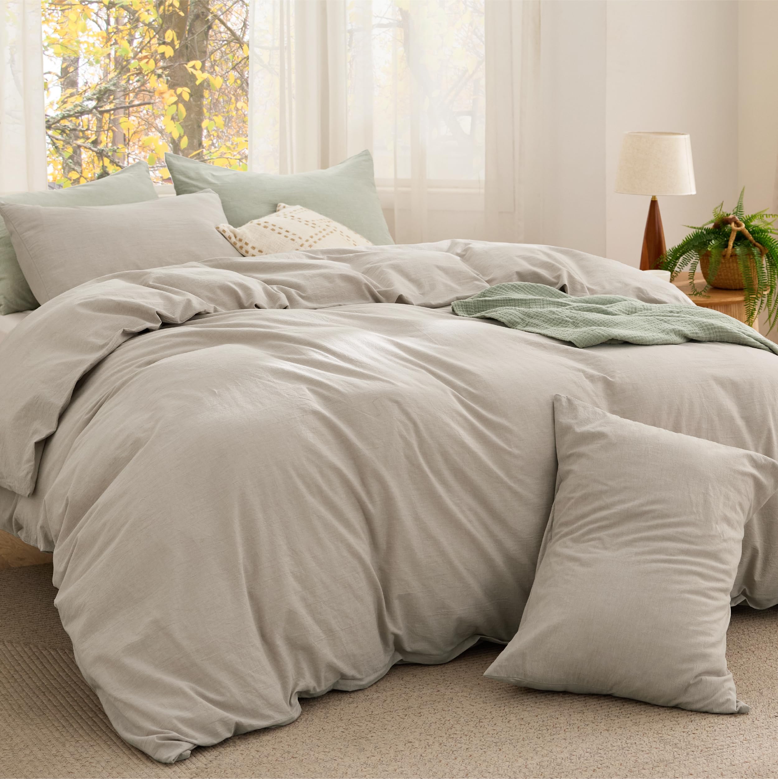 Photo 1 of Bedsure Comforter Set Queen Size - Cotton Fabric with Microfiber Inner Fill, Linen Color Soft Bed Set for All Seasons, 3 Pieces, 1 Comforter (90" x 90") and 2 Pillow Cases (20" x 26")