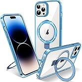 Flyzoo Magnetic Case for iPhone 14 Pro Max - [Built-in Invisible Stand] [Compatible with MagSafe] [Military Grade Drop Protection] Anti-Yellowing Hard Back Silicone Edge Cover, 6.7", Clear Blue