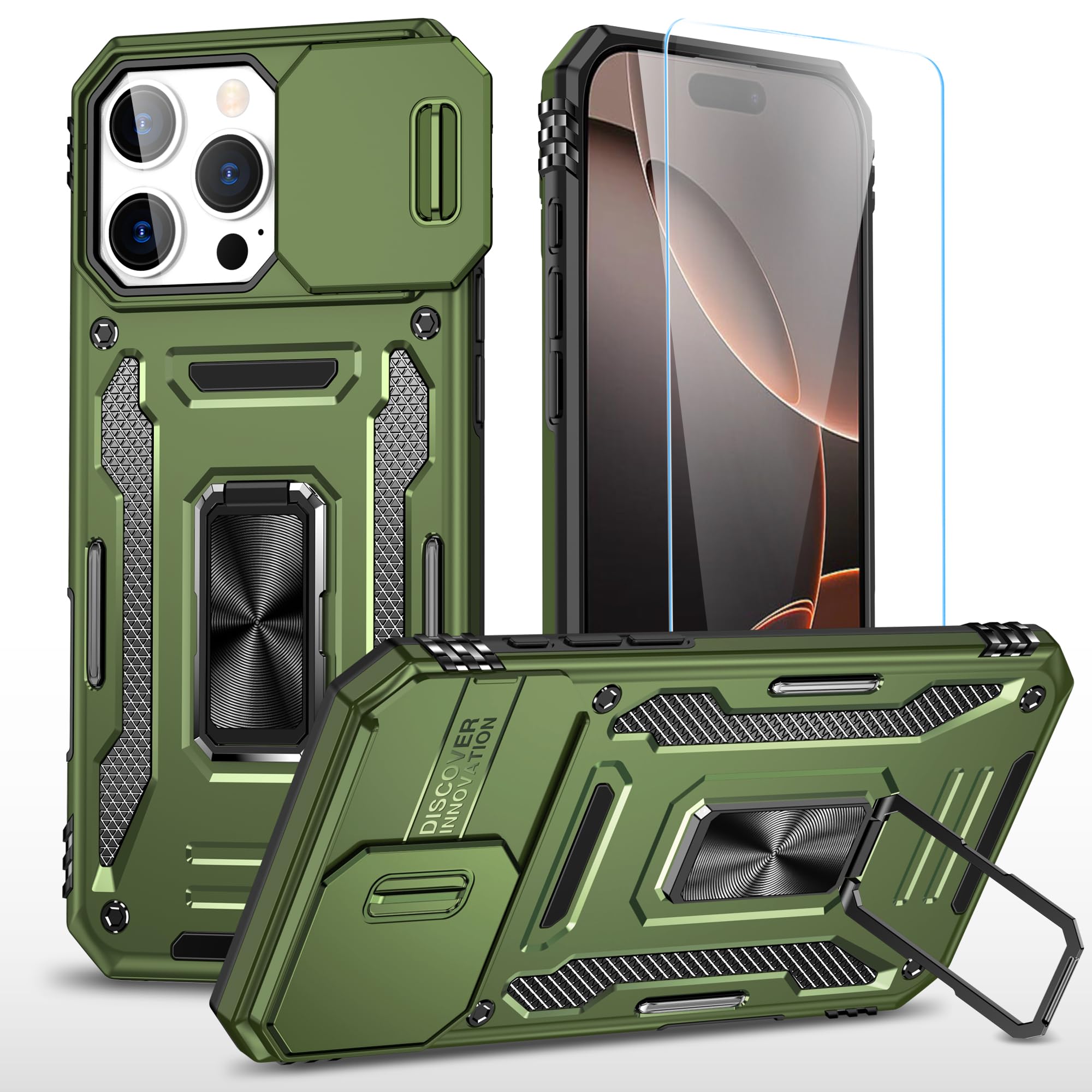 Photo 1 of SunStory Phone Case for iPhone 16 Pro Max Case with HD Screen Protector & Slide Camera Cover & Rotated Ring Kickstand, [Military-Grade] Phone Case for Phone 16 Pro Max 6.9" (Z_OliveGreen)