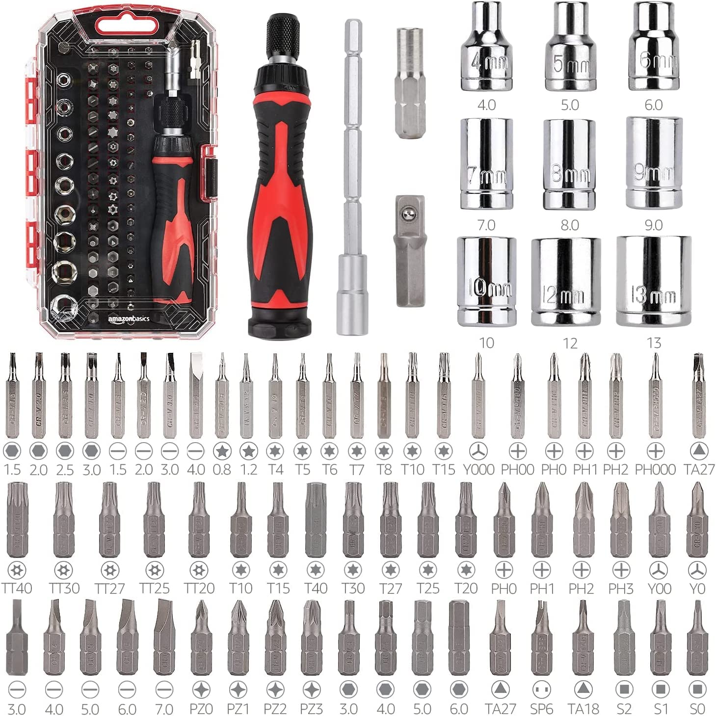 Photo 1 of Amazon Basics Magnetic Ratcheting Wrench and Electronics Precision Screwdriver Set, 73 count (Pack of 1), Black/Red/Silver
