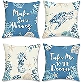 Bonhause Ocean Coastal Throw Pillow Covers 18 x 18 Inch Nautical Beach Blue Turtle Seahorse Starfish Decorative Polyester Linen Cushion Cases for Summer Outdoor Sofa Couch Home Decor Set of 4