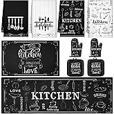 Fourluoo 10 Pcs Farmhouse Kitchen Decor Sets 4 Kitchen Dish Towels 2 Vintage Pot Holders 2 Oven Mitts Glove 2 Rustic Non Slip Rugs and Mats for Floor Home Decorations Accessories Mom Gifts