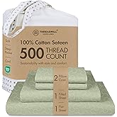 Threadmill 500 Thread Count Queen Size 4 Pc Luxury Cotton Bedding Set, Jacquard Floria Sage Green, Silky Smooth Sheets with 16" Elasticized Deep Pocket, 2 Pillowcases & Free Tote Bag