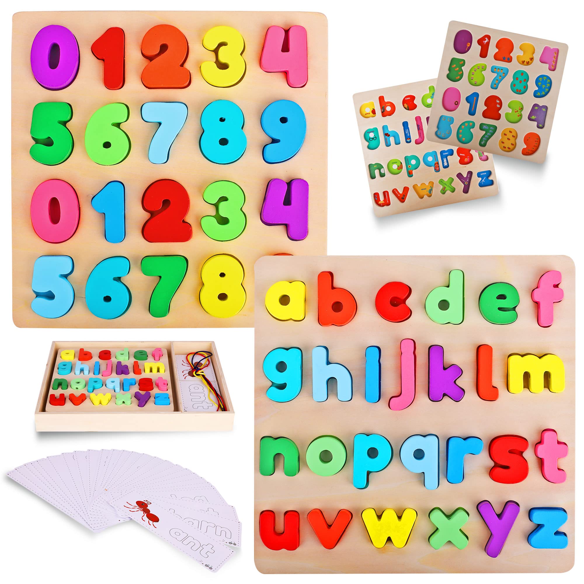 Photo 1 of Wooden Alphabet Puzzle & Number Puzzle and Flash Cards Set - Includes Box, Lacing Beads and Threads