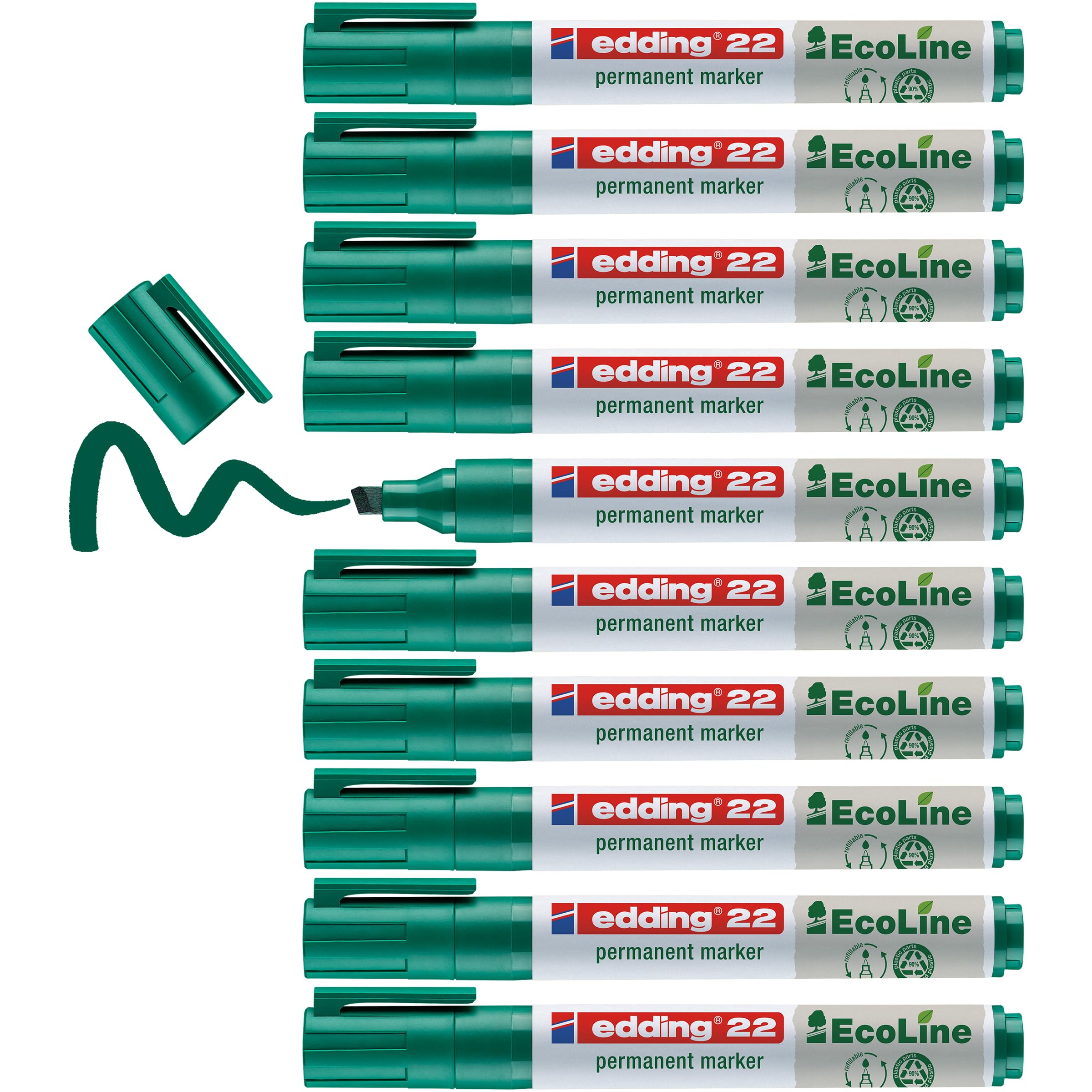 edding 22 Ecoline permanent marker - green - box of 10 - chisel tip 1-5 mm - waterproof, quick-drying, smear-proof pens - for cardboard, plastic, glass, wood, metal and fabric - refillable