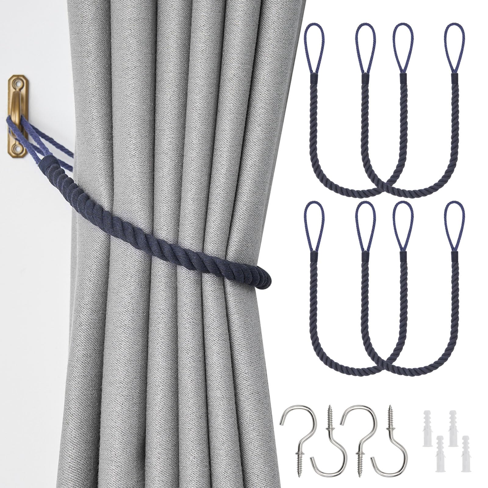 Pretty Jolly 4 Pack Natural Cotton Rope Curtain Tiebacks Boho Rustic Style Decorative Drape Tie Backs Hand-Woven Rope Curtain Holdbacks with Metal Hook for Home & Office Drapery (Cotton-Dark Blue)