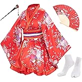 Japanese Anime Women's Dance Kimono Robe Fancy Dress Hand Held Silk Folding Fans Tabi Hairstick Socks Set