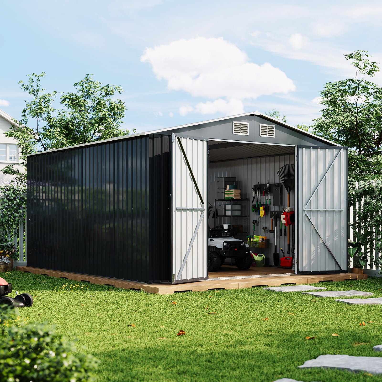 Photo 1 of ***MISSING PIECES -SELLING AS PARTS ONLY*** Garvee 10 x 12 ft Outdoor Storage Shed, Heavy-Duty Waterproof Tool Shed Storage with Lockable Door, Vents and Updated Frame Structure, Large Metal Tool Shed for Backyard, Patio Lawn, Grey
