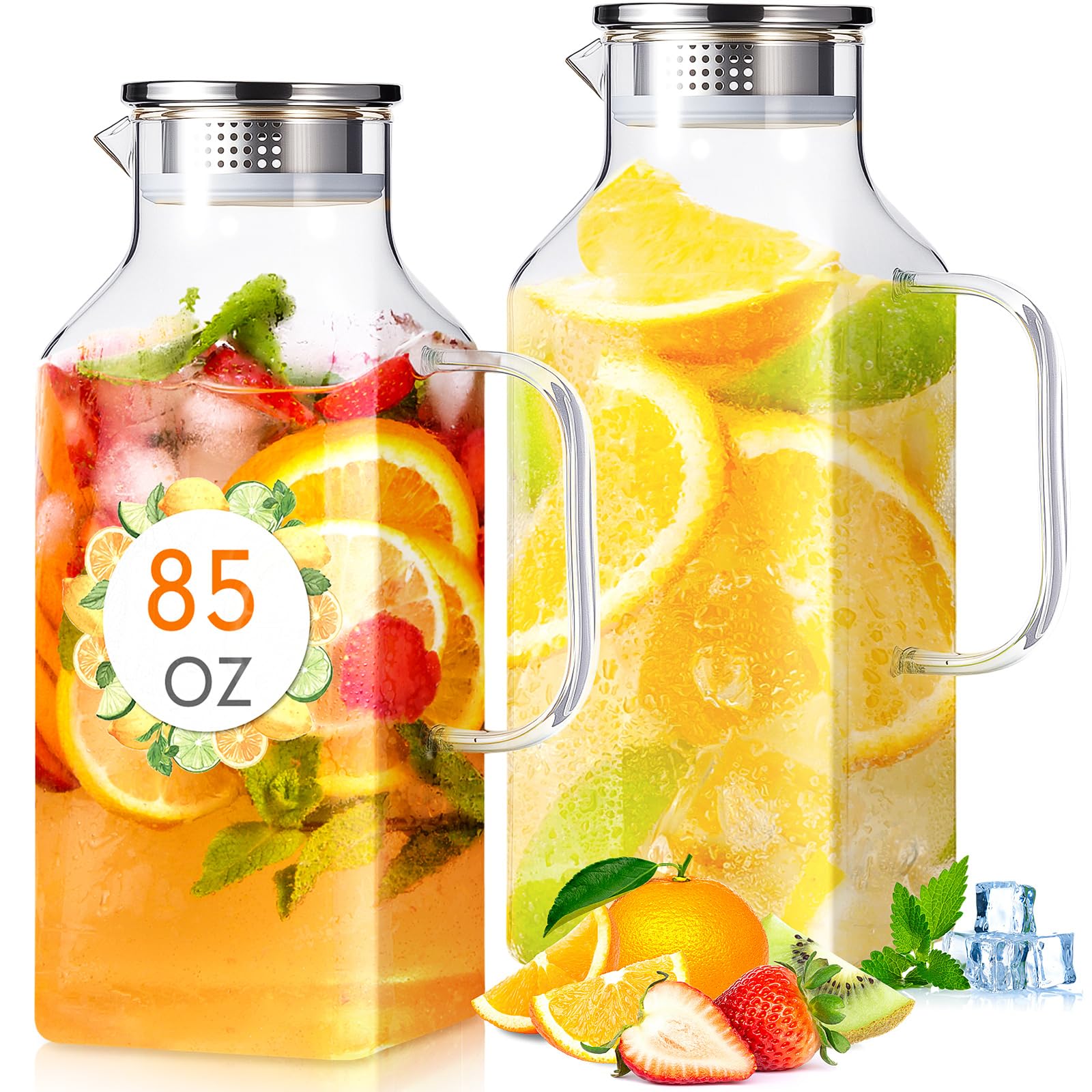 Photo 1 of (see all images) Honeydak 2 Pack 2.5 Liters 85 oz Square Glass Pitcher with Lid and Handle, Glass Water Jars Carafe Jug 