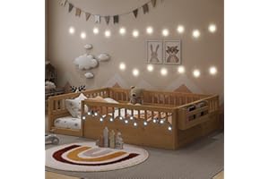 Mirightone Floor Bed for Kids, Full Size Montessori Beds with High Fence Railings, Wood Playhouse Bed with Rails, Light & Storage for Baby Boys Girls Teens, No Slats Included, Natural